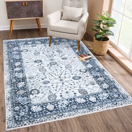 Bloom Rugs Caria Washable Non-Slip 6x9 Rug - Navy Blue Traditional Bordered Area Rug for Living Room, Bedroom, Dining Room, and Kitchen - Exact Size: 6' x 9'