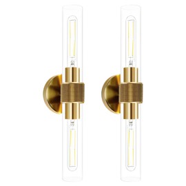 Wall Sconces Set of Two, Black and Gold Bathroom Sconces Lighting with Clear Glass, Modern Sconces Decor Set of 2 Light fixtures for Bathroom Living Room Bedroom (Gold, Without Ring)
