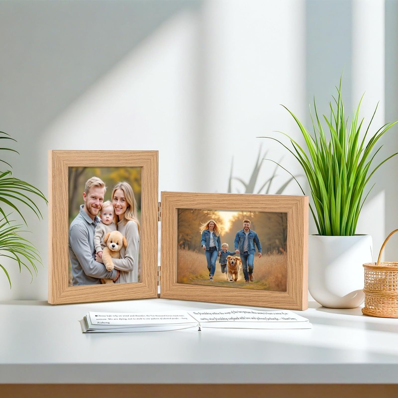 Epecfan 5x7 Double Hinged Picture Frame - WoodGrain Foldable Photo