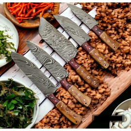 Wilson Roy Professional Kitchen Knives Custom Made Damascus Steel 5 pcs of Professional Utility Chef Kitchen Knife Set with Chopper/Cleaver with Pocket Case Chef Knife Roll Bag