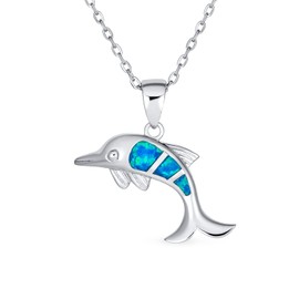 Gemstone Created Blue Opal Inlay Nautical Ocean Marine Hawaiian Vacation Sea Life Dolphin Dangling Pendant Necklace For Women Teen .925 Sterling Silver