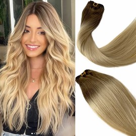 Balayage Platinum Blonde Sew in Hair Extensions Hand Tied Weft Real Human Hair Ombre Blonde with Brown Roots 18Inch Sew in Bundles for Women Double Weft Remy Hair Extension 100G