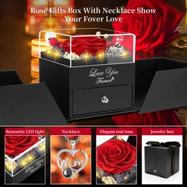 Gifts for Mom from Daughter and Son, Unique Mothers Day Birthday Gift Idea, Preserved Red Real Roses with I Love You in 100 Languages Mom Necklace, Cool Present to Mother Mama -Red