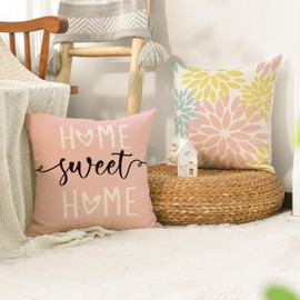 Artoid Mode Pink Blue Dahlia Geometric Cushion Covers Set of 4 45 x 45 cm Spring Decorative Cushion Cover Couch Living Room Outdoor Decoration