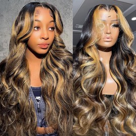 24 Inch Highlight Ombre Lace Front Wig Human Hair 13x4 Body Wave Lace Front Wigs Human Hair 180 Density Pre Plucked Highlight Wig 1B/27 Balayage Wigs for Women