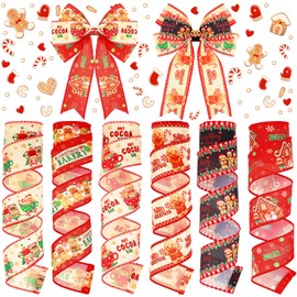 Chitidr 6 Rolls 30 Yards Christmas Wired Ribbon 2 Inch Gingerbread Nutcracker Snowflake Christmas Ribbons Swirl Burlap Gift Wrapping Ribbon for Xmas Tree DIY Craft Bow Wreath Decor (Color,Gingerbread)