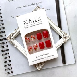 Press on Nails Short Square Fake Nails Red White Flowers False Nails with Designs Glue on Nails Full Cover Red Acrylic Nails Glossy Floral Reusable Artificial Stick on Nails for Women Girls Nail Art
