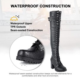 Dream Apparel Women's Faux Leather Over The Knee Thigh High Boots, Black Lace Up Knee High Boots With Chunky Heel, Sexy Biker Boots with Buckle (Size 7)