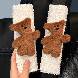 Zigihos 2 PCS Seat Belt Cover Pad, Cute Kawaii Cartoon Seatbelt Covers for Kids and Women, Winter Plush Fluffy Soft Seat Belt Cover, Bunny Dog Bear Seatbelt Cushion,Car Seat Strap Pads (C-Bear)