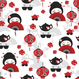 LaCheery Japanese Wallpaper Peel and Stick Red and Black Wallpaper Art Deco Fan Tea Time Lantern Eastern Lady Wall Paper Self Adhesive White Contact Paper for Walls Cabinets Bedroom Bathroom 17.5"x80"