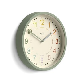 Jones Clocks® Kids Clock - Time Teaching Clock - Learn To Tell the Time Clock - Kids Wall Clock - Childrens Clocks for Bedrooms - Analogue Clock for Kids - Childrens Clock (Sage green)