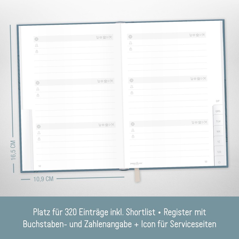 paper&you® Password Book A6+ with A-Z Index "Blue Ginkgo" for