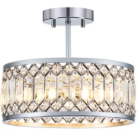 Pevfah Crystal Chrome Ceiling Light, Modern Semi Flush Mount Ceiling Lighting Fixture, Round Hallway Lighting Fixtures Chandelier for Kitchen Entryway Bedroom Dining Room, 3-Light, 12.2 Inch