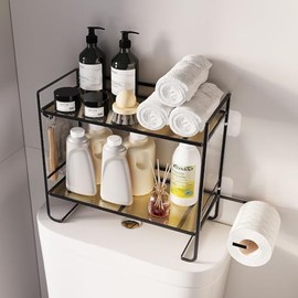 dainslef Over Toilet Storage Shelf, 2-Tier Bathroom Storage Organizer with 2 Hooks, Paper Holder, Metal Space Saving Multi-Purpose Toilet Tank Organizer Rack
