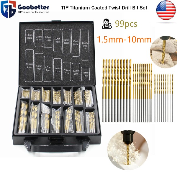 GooBetter 99PCS HSS 135° TIP Titanium Coated Twist Drill Bit