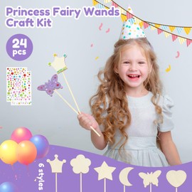 UKQRRTC Princess Fairy Wands Kit Include 6 Styles Unfinished Wood Princess Wand with Gem Stickers DIY Fairy Wand Craft Fun Wood Wands for Kids Parties(24PCS)