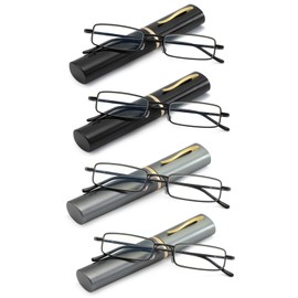 OWTXIS 4 Pack Slim Pen Reading Glasses, Blue Light Blocking Compact Reader Glasses with Portable Clip Case (2 Black, 2 Gunmetal, +3.50)