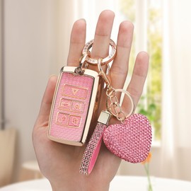 Vicoca for Range Rover key fob cover with Diamond Heart Keychain, Car Accessories TPU for Jaguar XE XJ XF for Sport, Velar, Evoque, Defender, Discovery, Gold Pink