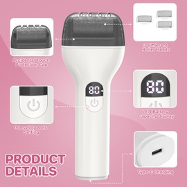 Electric Foot Callus Remover - Electric Callus Remover for Feet with 3 Heads, 3-Speed Rechargeable Foot Scrubber for Foot Care, Perfect for Cracked Heels and Hard Skin(White)