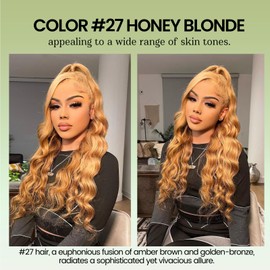 ALHER Honey Blonde Bundles with Frontal Human Hair Body Wave, 10A Color #27 Sun-kissed Vibe Golden Blonde Real human hair bundles with 13X4 HD lace frontal Closure Ear to Ear Melt Well 14 16 18+14 In