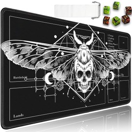 for TCG Playmat Ultra Pro Playmat with Zones, 24x14 in Non-Slip Rubber for MTG Playmat with Drawstring Travel Pouch and 6 Dice, for MTG Mat, Moth Skull Design Card Game Playmats