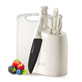 Knife Set, 8 Pieces Knife Block Set for Kitchen, Stainless Steel Kitchen Knives with Sharpener and Cutting Board, Anti-stick & Non-slip Chef Knife Set, Ergonomical Design (White)