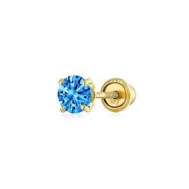 Minimalist Tiny Cubic Zirconia Light Blue Simulated Blue Topaz CZ Round Helix Cartilage Ear Lobe Piercing Daith Round Solitaire 1 Piece Stud Earring Real 14K Yellow Gold Screw back 4MM