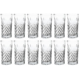Vikko Drinking Glass, Set of 12 Crystal Style Tall Beverage Glasses, 12.25 Ounce Old Fashioned Highball Glasses, Dishwasher Safe Textured Collins Glass