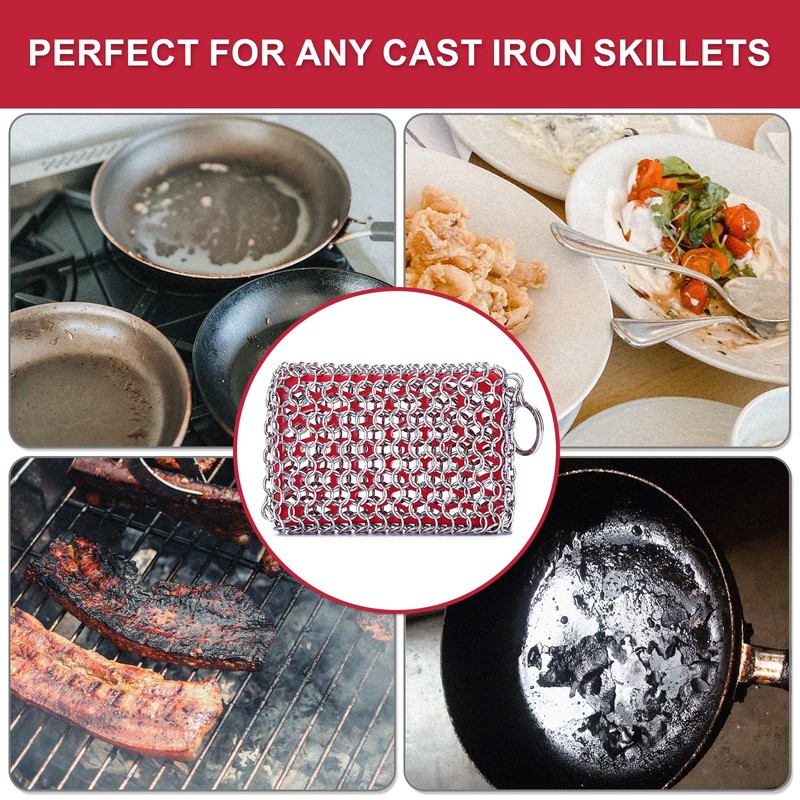 Cast Iron Scrubber, Chain Mail Scrubber with Silicone Insert, 316L