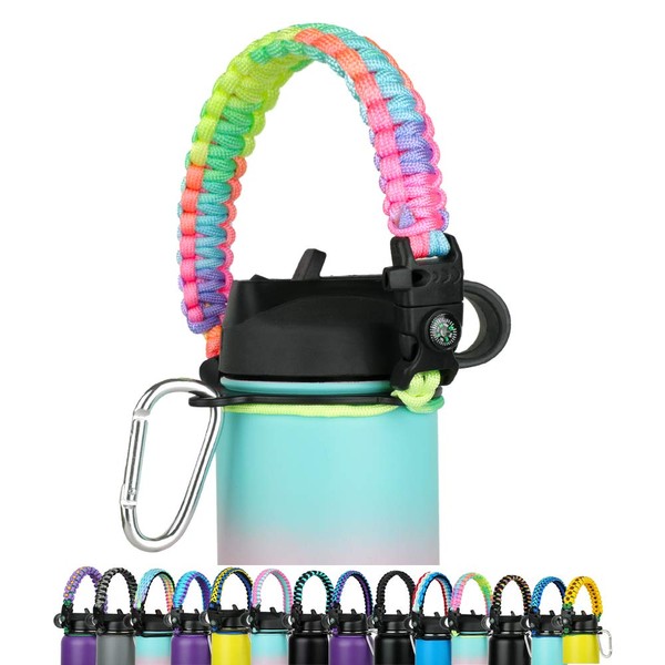 WEREWOLVES Paracord Handle - Fits Wide Mouth Bottles 12oz to 64oz - Durable Carrier, Paracord Carrier Strap Cord with Safety Ring,Compass and Carabiner - Ideal Water Bottle Handle Strap (Rainbow)