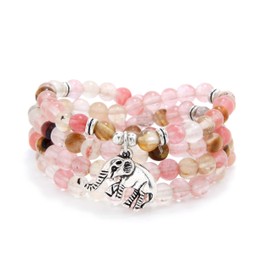 108 Mala Quartz Beads Tiny Elephant Lucky Charm Wrap Bracelet Necklace Self Discovery Yoga Inspirational Jewellery (Watermelon Tourmaline)