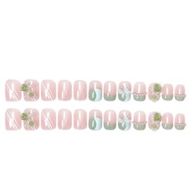 Hkanlre Medium Green Press on Nails Butterfly Fake Pearl Nails Tips Full Cover False Square Nails for Women and Girls 24PCS