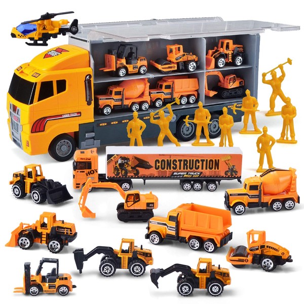 JOYIN 11 in 1 Die-cast Construction Truck Vehicle Car Toy Set Play Vehicles in Carrier Birthday Gifts for Over 3 Years Old Boys