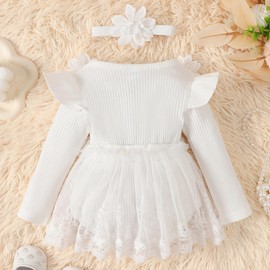 Odizli Baby Girls Autumn Winter Long Sleeve Flower Lace Romper Dress + Headband Outfit, White