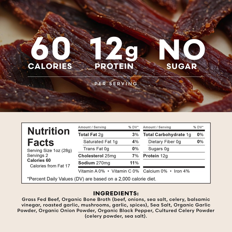 Organic Bone Broth Beef Jerky – Grass-Fed, Zero Sugar, Low