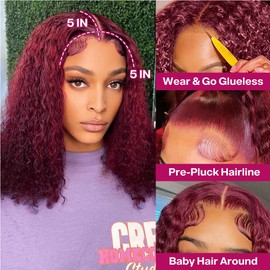 Ailwelia 99j Burgundy Wear And Go Glueless Wigs Bob Wigs For Black Women Deep Wave Bob Wig Human Hair 5x5 Hd Lace Closure Wigs Human Hair Curly Bob Wig Human Hair Preplucked 200 Density 12 Inch