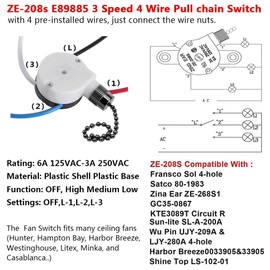 ZE-208s E89885 3 Speed 4 Wire Fan Switch Ceiling Fan Replacement Part With 4 Pre-Installed Wires for Ceiling Fans, Wall Lamps, Cabinet Light (Black)
