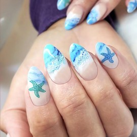 24 Pcs Blue Press on Nails Short Almond - MINGCHUN Autumn Winter Blue French Fake Nails Press ons Nail Art Tip Blue Ocean Wave Starfish Design Full Cover Acrylic Glue on Nails Stick on Nail for Women