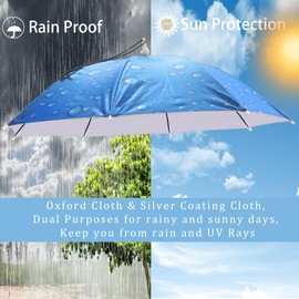 Qukipet Umbrella Hat, 25 inch Fishing Umbrella Cap Hands Free Umbrella Elastic Folding Compact UV&Rain Protection Headwear for Fishing Golf Gardening Outdoor-Pale Blue