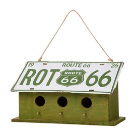 Glitzhome JKC00904 Garden Decorative Bird House Wooden Metal Green Licence Plate Birdhouse, 14" L