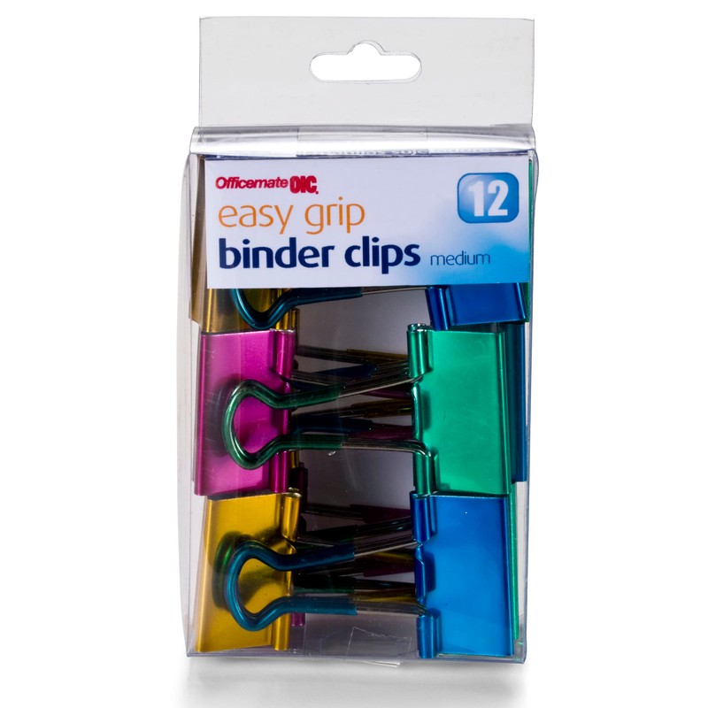 Officemate Easy Grip Medium Binder Clips, Assorted Metallic Colors, 12