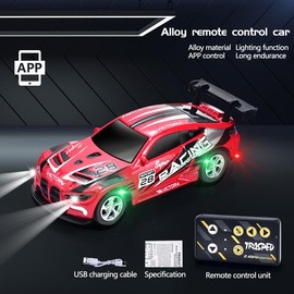 Hotfree 1/64 Mini RC Drift Car, Alloy M4 Racing Car with Trailer, 2.4GHz Remote & APP Control, 3-Speed Modes, LED Lights, USB-C Charging, Indoor & Outdoor Toy, Birthday Christmas Gift for Kids & Adults:_Red 