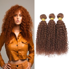 Color 30 Curly Wave Bundles Human Hair Light Brown Kinky Curly Bundles Brown Human Hair Bundles 20 22 24 inch Double Weft Brazilian Human Hair Silky Soft Weave Extensions For Black Woman