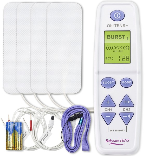 Babycare TENS OBI TENS Plus with Booster Button for Extra Surge of Power Dual Channel Maternity TENS Machine for Pain Relief During Labour with Contraction Timer, White