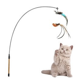 Andiker Interactive Cat Toy With Bell - Wand With 2 Artificial Birds Replacement for Playing and Training - Funny Sticks for Indoor and Outdoor Exercise (Blue+Brown)