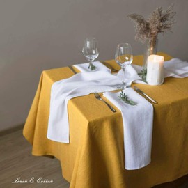 Linen & Cotton Tablecloth Table Linen Cloth Cover Hygge - 100% Linen, Mustard Yellow (100 x 100 cm) Square Small Table Cloth for Home Kitchen Coffee Dining Table Decoration Restaurant Hotel Summer
