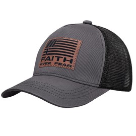 Faith Over Fear Hat with Leather Baseball Cap for Men Boy Gifts for Dad Cross Hats Christian Trucker Caps (US, Alpha, One Size, Faith Gray)