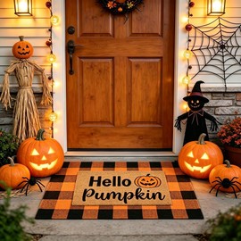Halloween Layered Front Doormat Set, Hello Natural Coco Coir Door Mat + 28"x43" Orange Black Buffalo Plaid Rug, Non-Slip Porch Rug Outdoor Entryway Decor for Front Porch, Patio