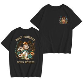 Cayxatiu Girls Western Shirt Cowgirl Shirts Kids Cowboy Tshirt Rodeo Girl Horse Riding Shirt Country Concert Wild Flower Tops(Black,140)