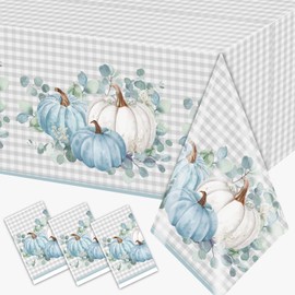 3Pcs Thanksgiving Pumpkin Tablecloths-Blue Pumpkin Plaid Rectangular Plastic Table Covers Thanksgiving Autumn Blue Pumpkin Baby Shower Decorations